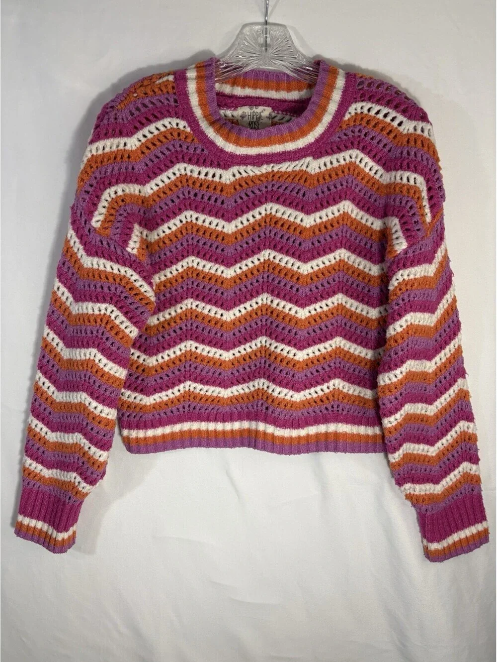 Hippie Rose Sweater Womens M Pink Orange Chevron Crochet Open Knit Boho Cropped